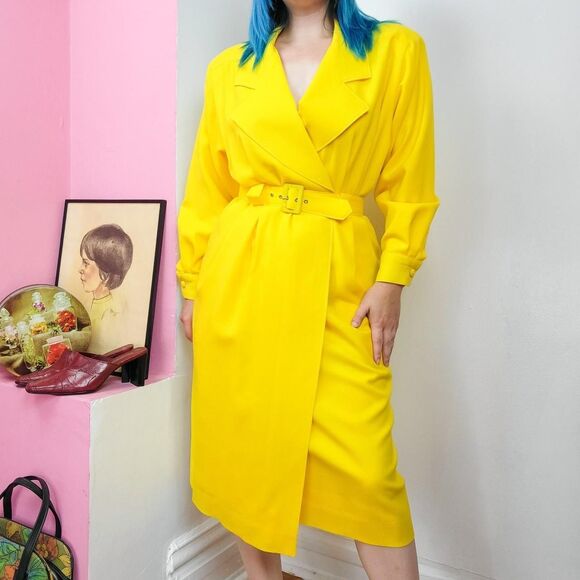 Vintage 80s Bright Yellow Belted Blazer Dress - Picture 1 of 8